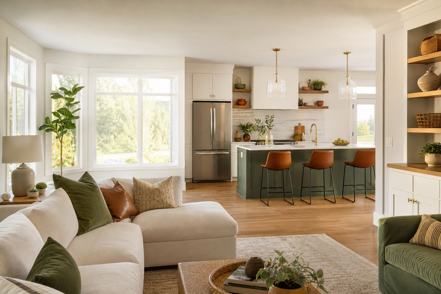 Warm modern home interior with organized kitchen and living space